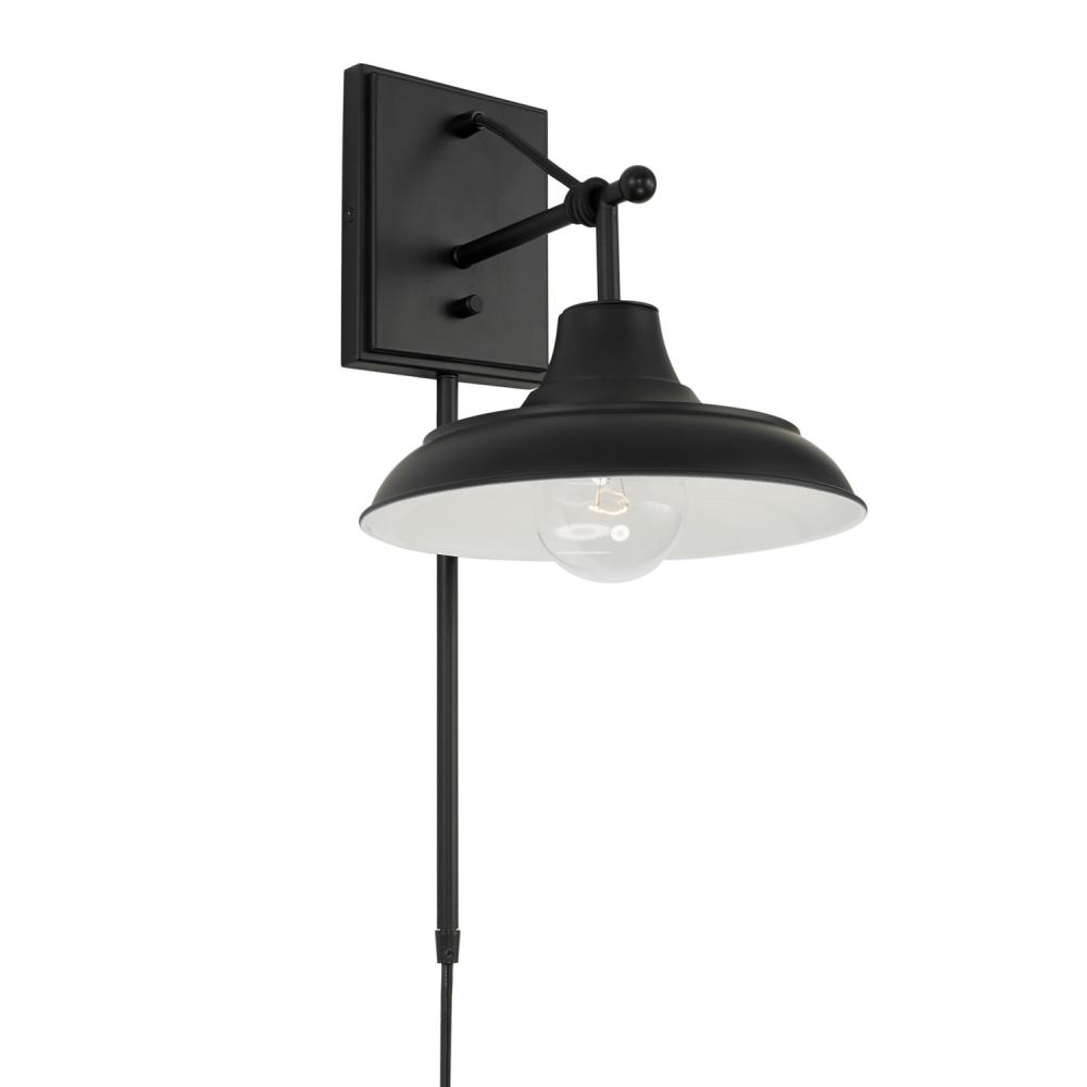 Jones Plug-In Wall Sconce w/ Switch - Matte Black w/ Black Metal Shade and White Interior