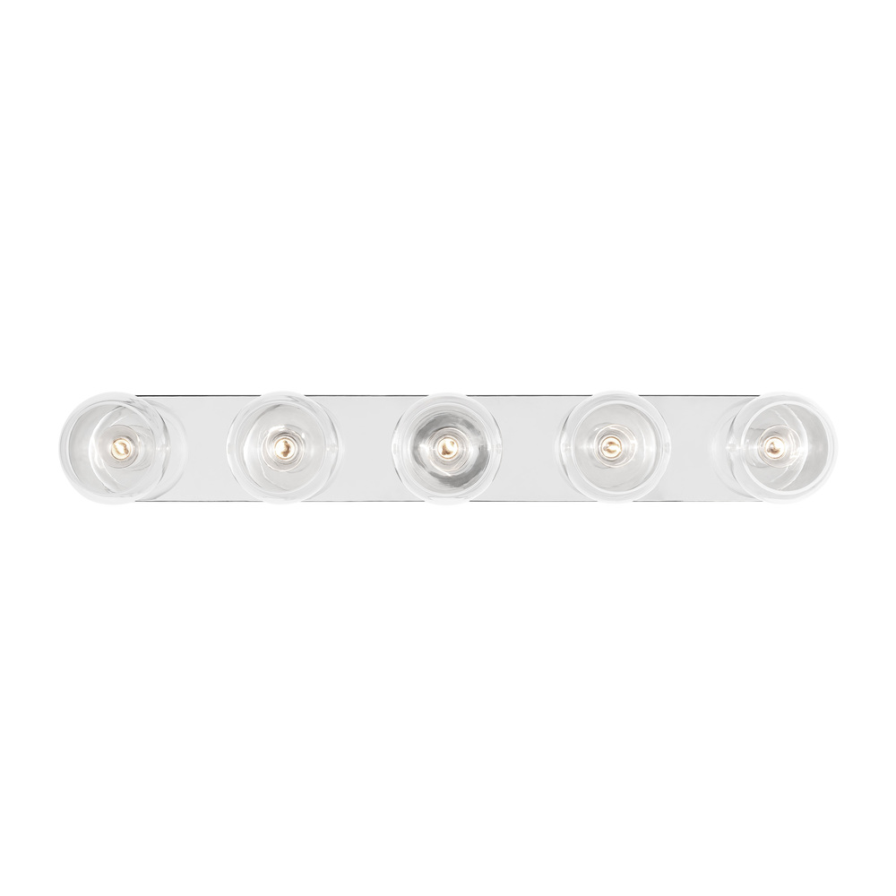 Monroe contemporary indoor dimmable 5-light vanity in a polished nickel finish with clear glass shad