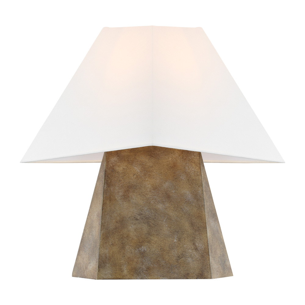 Herrero modern 1-light LED medium table lamp in antique gild rustic gold finish with white linen fab