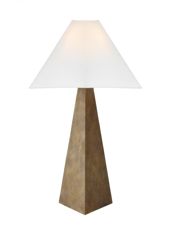 Herrero modern 1-light LED large table lamp in antique gild rustic gold finish with white linen fabr